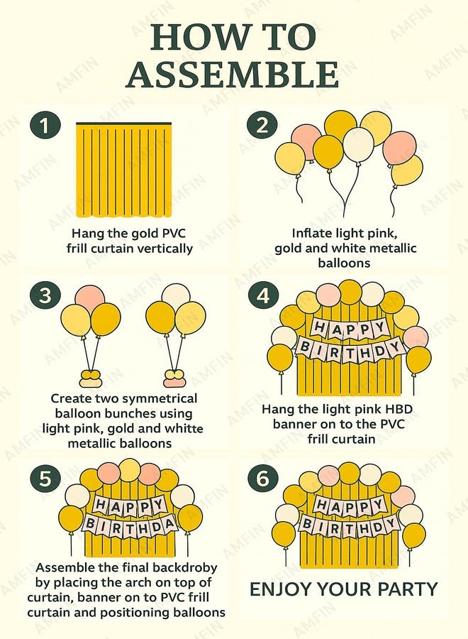 AMFIN (Pack of 34) Backdrop Bliss Birthday Decoration DIY Kit with Balloons, Fringe Curtain and Banner - Light Pink, Gold & White - Image 4